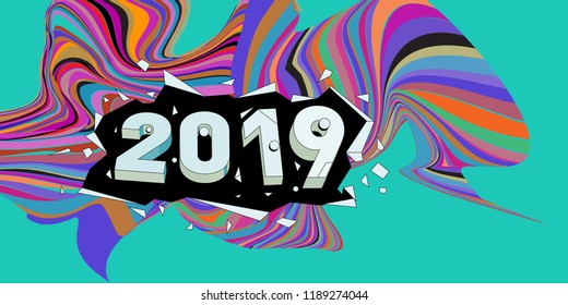 2019 New Year text with Wavy Colorful Line Background. New Year Design Template for Card, Poster, and Party Celebration.