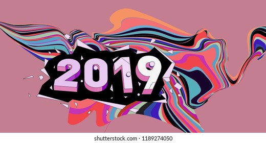 2019 New Year text with Wavy Colorful Line Background. New Year Design Template for Card, Poster, and Party Celebration.