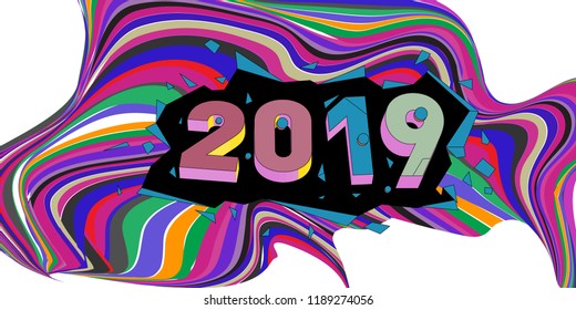 2019 New Year text with Wavy Colorful Line Background. New Year Design Template for Card, Poster, and Party Celebration.