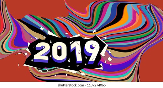 2019 New Year text with Wavy Colorful Line Background. New Year Design Template for Card, Poster, and Party Celebration.
