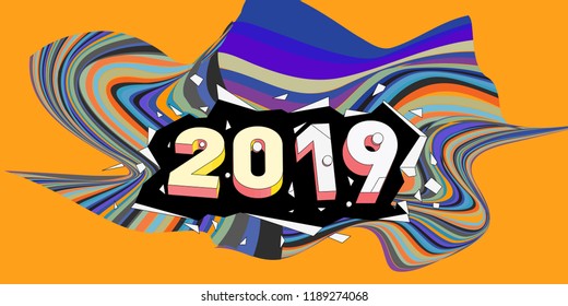 2019 New Year text with Wavy Colorful Line Background. New Year Design Template for Card, Poster, and Party Celebration.