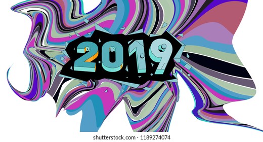 2019 New Year text with Wavy Colorful Line Background. New Year Design Template for Card, Poster, and Party Celebration.