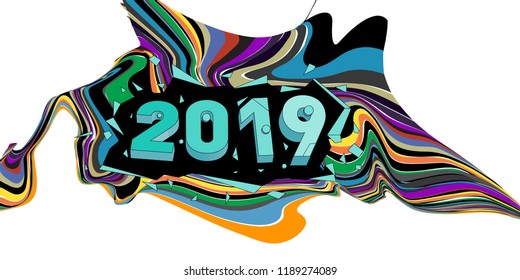 2019 New Year text with Wavy Colorful Line Background. New Year Design Template for Card, Poster, and Party Celebration.