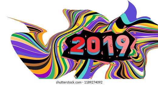 2019 New Year text with Wavy Colorful Line Background. New Year Design Template for Card, Poster, and Party Celebration.