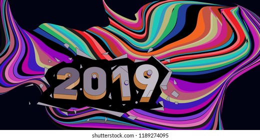 2019 New Year text with Wavy Colorful Line Background. New Year Design Template for Card, Poster, and Party Celebration.