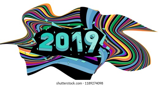 2019 New Year text with Wavy Colorful Line Background. New Year Design Template for Card, Poster, and Party Celebration.