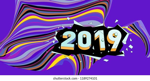 2019 New Year text with Wavy Colorful Line Background. New Year Design Template for Card, Poster, and Party Celebration.