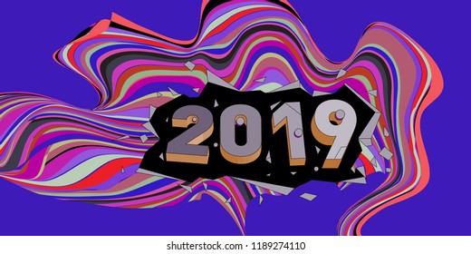 2019 New Year text with Wavy Colorful Line Background. New Year Design Template for Card, Poster, and Party Celebration.