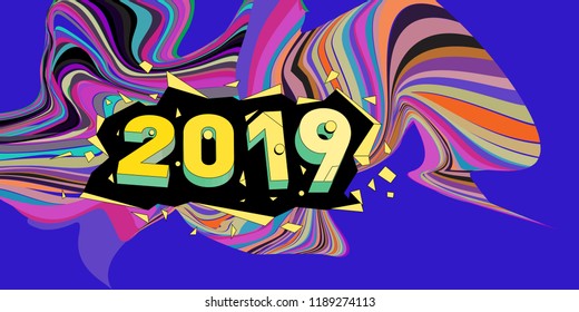 2019 New Year text with Wavy Colorful Line Background. New Year Design Template for Card, Poster, and Party Celebration.