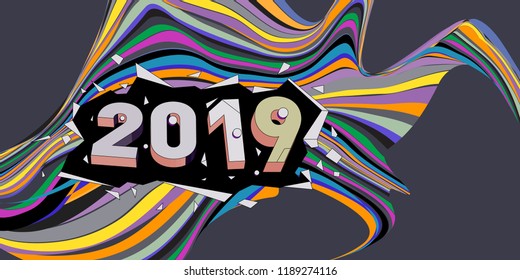 2019 New Year text with Wavy Colorful Line Background. New Year Design Template for Card, Poster, and Party Celebration.