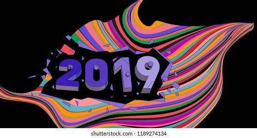 2019 New Year text with Wavy Colorful Line Background. New Year Design Template for Card, Poster, and Party Celebration.