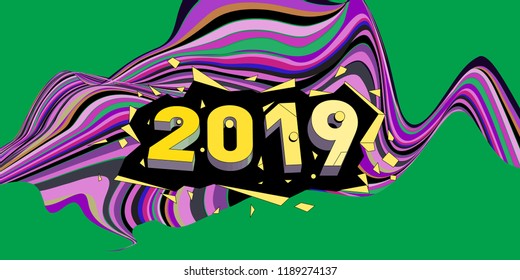 2019 New Year text with Wavy Colorful Line Background. New Year Design Template for Card, Poster, and Party Celebration.