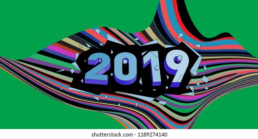 2019 New Year text with Wavy Colorful Line Background. New Year Design Template for Card, Poster, and Party Celebration.