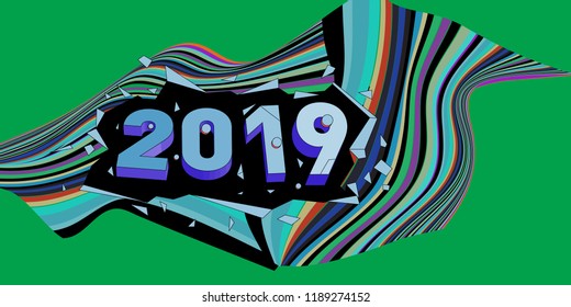 2019 New Year text with Wavy Colorful Line Background. New Year Design Template for Card, Poster, and Party Celebration.