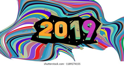 2019 New Year text with Wavy Colorful Line Background. New Year Design Template for Card, Poster, and Party Celebration.
