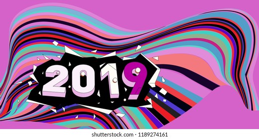 2019 New Year text with Wavy Colorful Line Background. New Year Design Template for Card, Poster, and Party Celebration.
