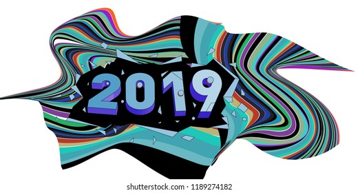 2019 New Year text with Wavy Colorful Line Background. New Year Design Template for Card, Poster, and Party Celebration.