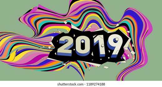2019 New Year text with Wavy Colorful Line Background. New Year Design Template for Card, Poster, and Party Celebration.