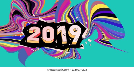 2019 New Year text with Wavy Colorful Line Background. New Year Design Template for Card, Poster, and Party Celebration.