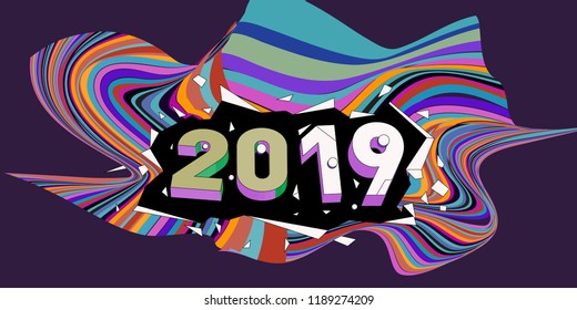 2019 New Year text with Wavy Colorful Line Background. New Year Design Template for Card, Poster, and Party Celebration.