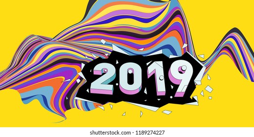 2019 New Year text with Wavy Colorful Line Background. New Year Design Template for Card, Poster, and Party Celebration.
