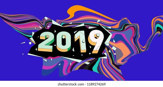 2019 New Year text with Wavy Colorful Line Background. New Year Design Template for Card, Poster, and Party Celebration.