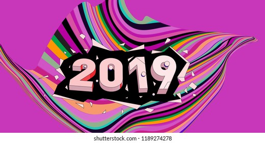 2019 New Year text with Wavy Colorful Line Background. New Year Design Template for Card, Poster, and Party Celebration.