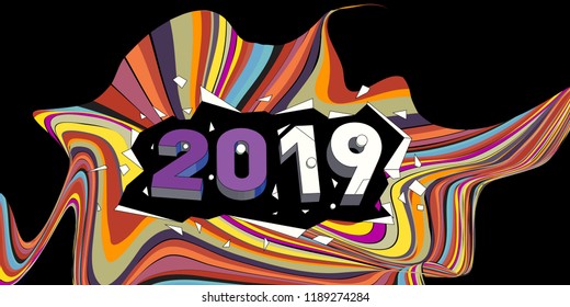 2019 New Year text with Wavy Colorful Line Background. New Year Design Template for Card, Poster, and Party Celebration.