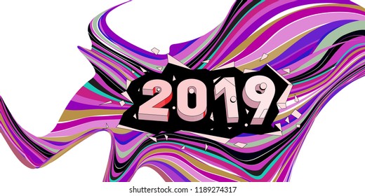 2019 New Year text with Wavy Colorful Line Background. New Year Design Template for Card, Poster, and Party Celebration.
