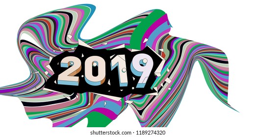 2019 New Year text with Wavy Colorful Line Background. New Year Design Template for Card, Poster, and Party Celebration.