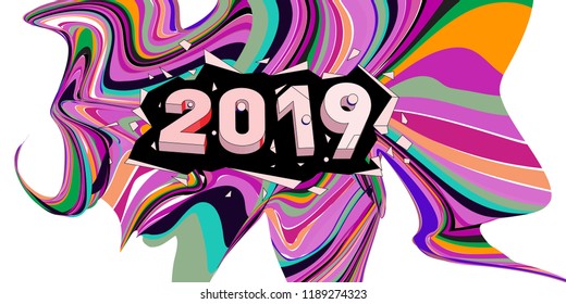 2019 New Year text with Wavy Colorful Line Background. New Year Design Template for Card, Poster, and Party Celebration.