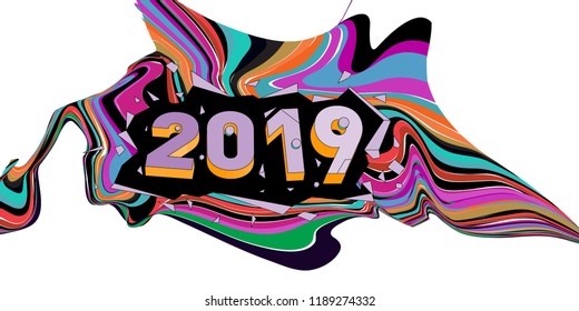 2019 New Year text with Wavy Colorful Line Background. New Year Design Template for Card, Poster, and Party Celebration.