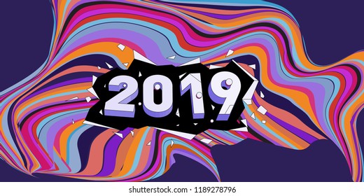 2019 New Year text with Wavy Colorful Line Background. New Year Design Template for Card, Poster, and Party Celebration.