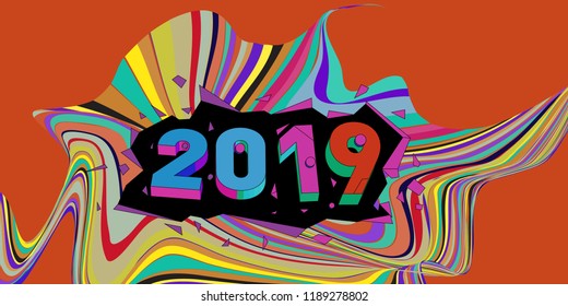 2019 New Year text with Wavy Colorful Line Background. New Year Design Template for Card, Poster, and Party Celebration.