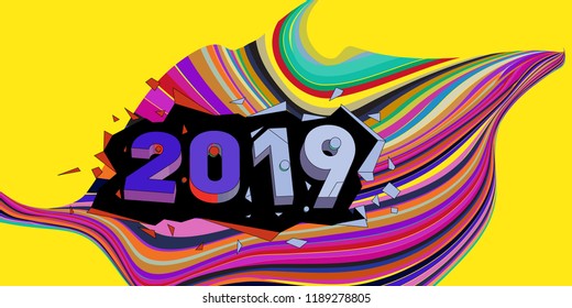 2019 New Year text with Wavy Colorful Line Background. New Year Design Template for Card, Poster, and Party Celebration.