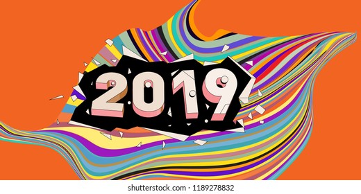 2019 New Year text with Wavy Colorful Line Background. New Year Design Template for Card, Poster, and Party Celebration.