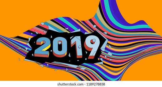 2019 New Year text with Wavy Colorful Line Background. New Year Design Template for Card, Poster, and Party Celebration.