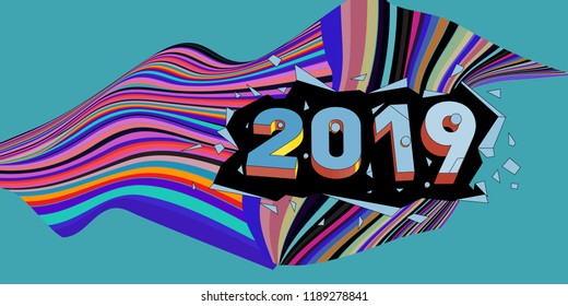 2019 New Year text with Wavy Colorful Line Background. New Year Design Template for Card, Poster, and Party Celebration.