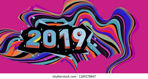 2019 New Year text with Wavy Colorful Line Background. New Year Design Template for Card, Poster, and Party Celebration.