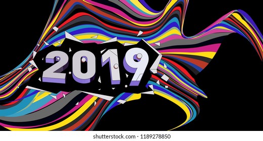2019 New Year text with Wavy Colorful Line Background. New Year Design Template for Card, Poster, and Party Celebration.
