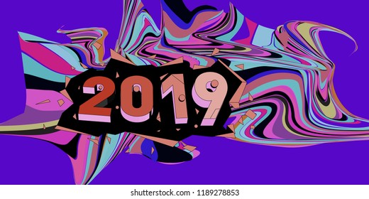 2019 New Year text with Wavy Colorful Line Background. New Year Design Template for Card, Poster, and Party Celebration.