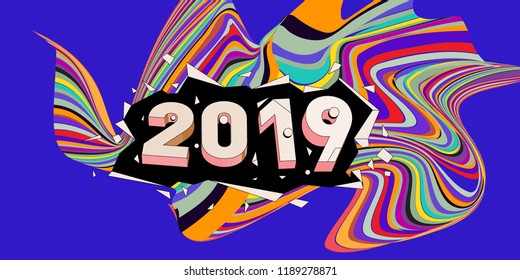 2019 New Year text with Wavy Colorful Line Background. New Year Design Template for Card, Poster, and Party Celebration.