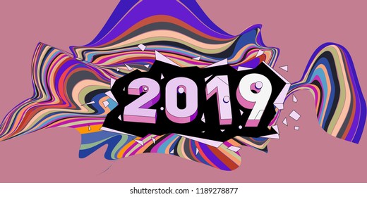 2019 New Year text with Wavy Colorful Line Background. New Year Design Template for Card, Poster, and Party Celebration.