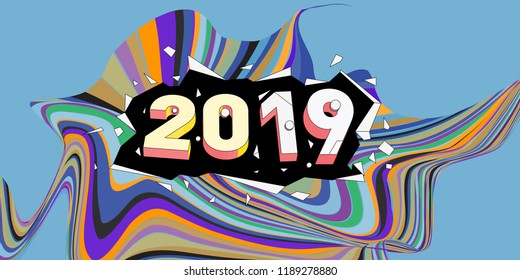2019 New Year text with Wavy Colorful Line Background. New Year Design Template for Card, Poster, and Party Celebration.