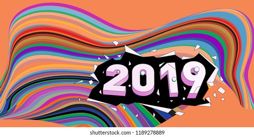 2019 New Year text with Wavy Colorful Line Background. New Year Design Template for Card, Poster, and Party Celebration.