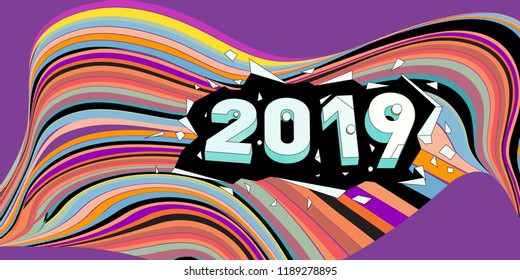2019 New Year text with Wavy Colorful Line Background. New Year Design Template for Card, Poster, and Party Celebration.