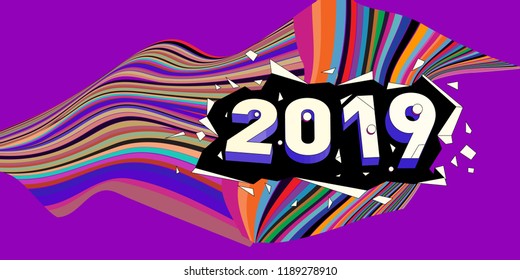2019 New Year text with Wavy Colorful Line Background. New Year Design Template for Card, Poster, and Party Celebration.