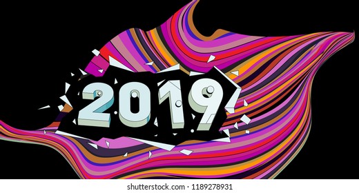 2019 New Year text with Wavy Colorful Line Background. New Year Design Template for Card, Poster, and Party Celebration.