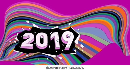 2019 New Year text with Wavy Colorful Line Background. New Year Design Template for Card, Poster, and Party Celebration.