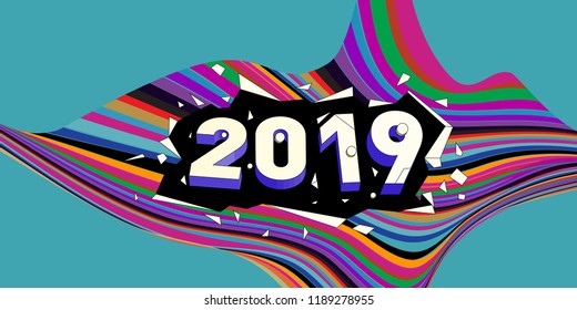 2019 New Year text with Wavy Colorful Line Background. New Year Design Template for Card, Poster, and Party Celebration.